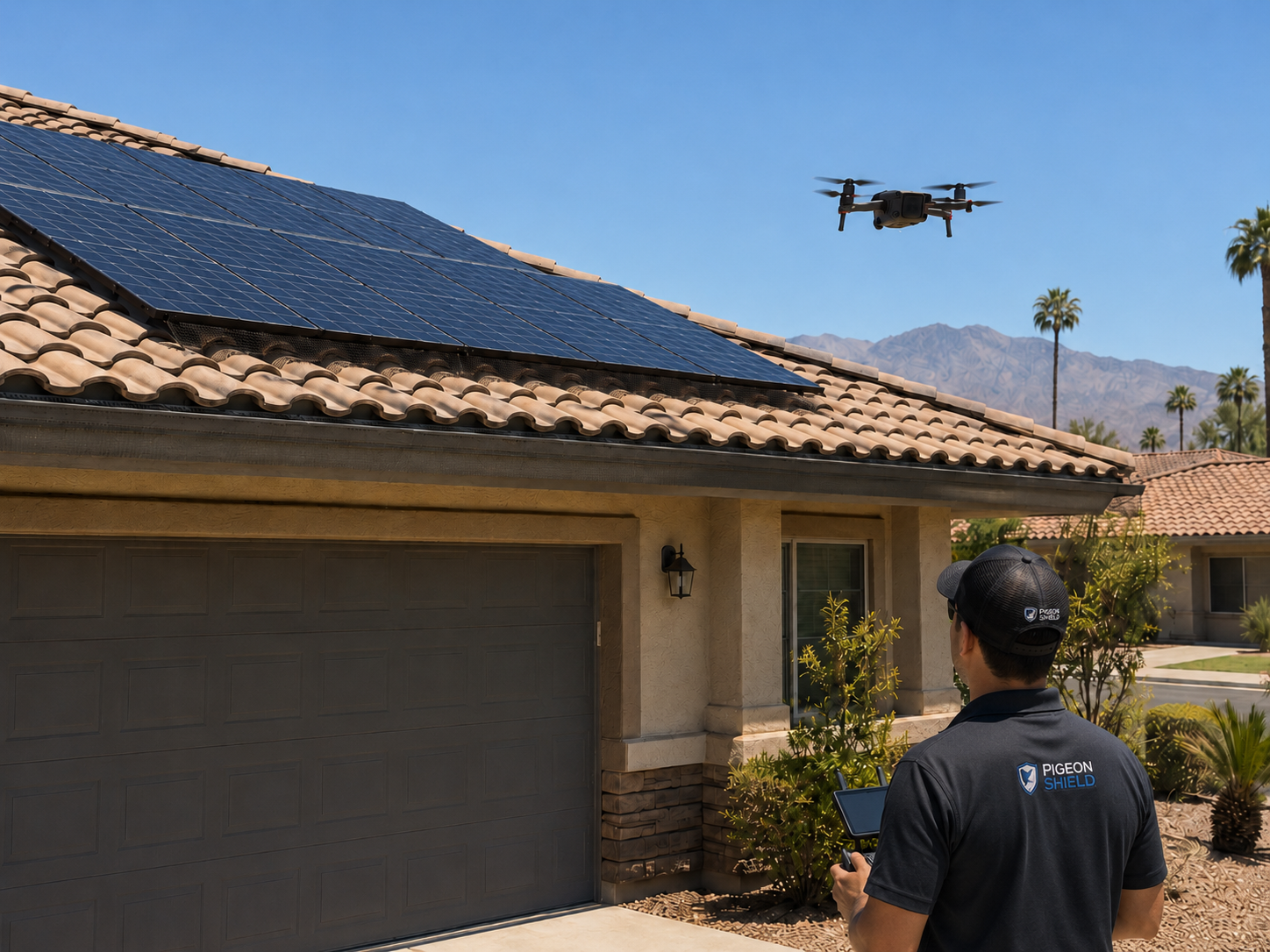 PigeonShield drone inspecting solar panels and tile roof access points