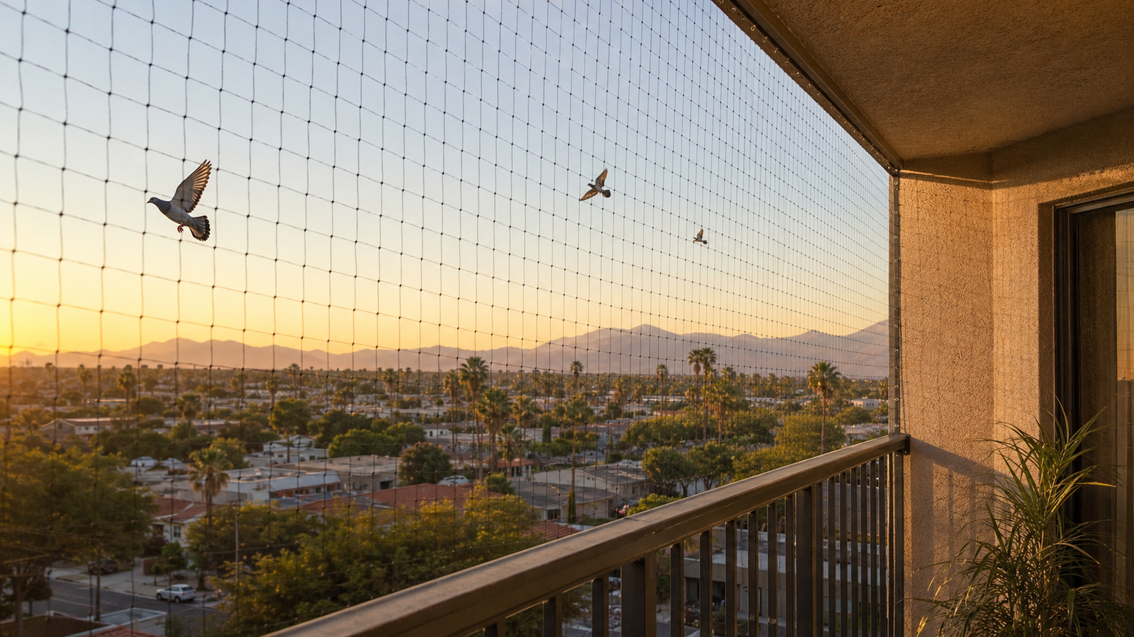 Balcony bird netting at sunset with pigeons outside the protected area