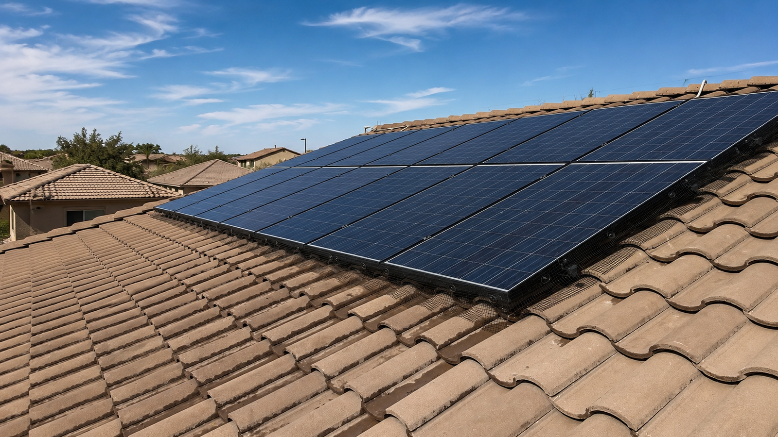Solar panels protected with perimeter mesh on an Arizona tile roof