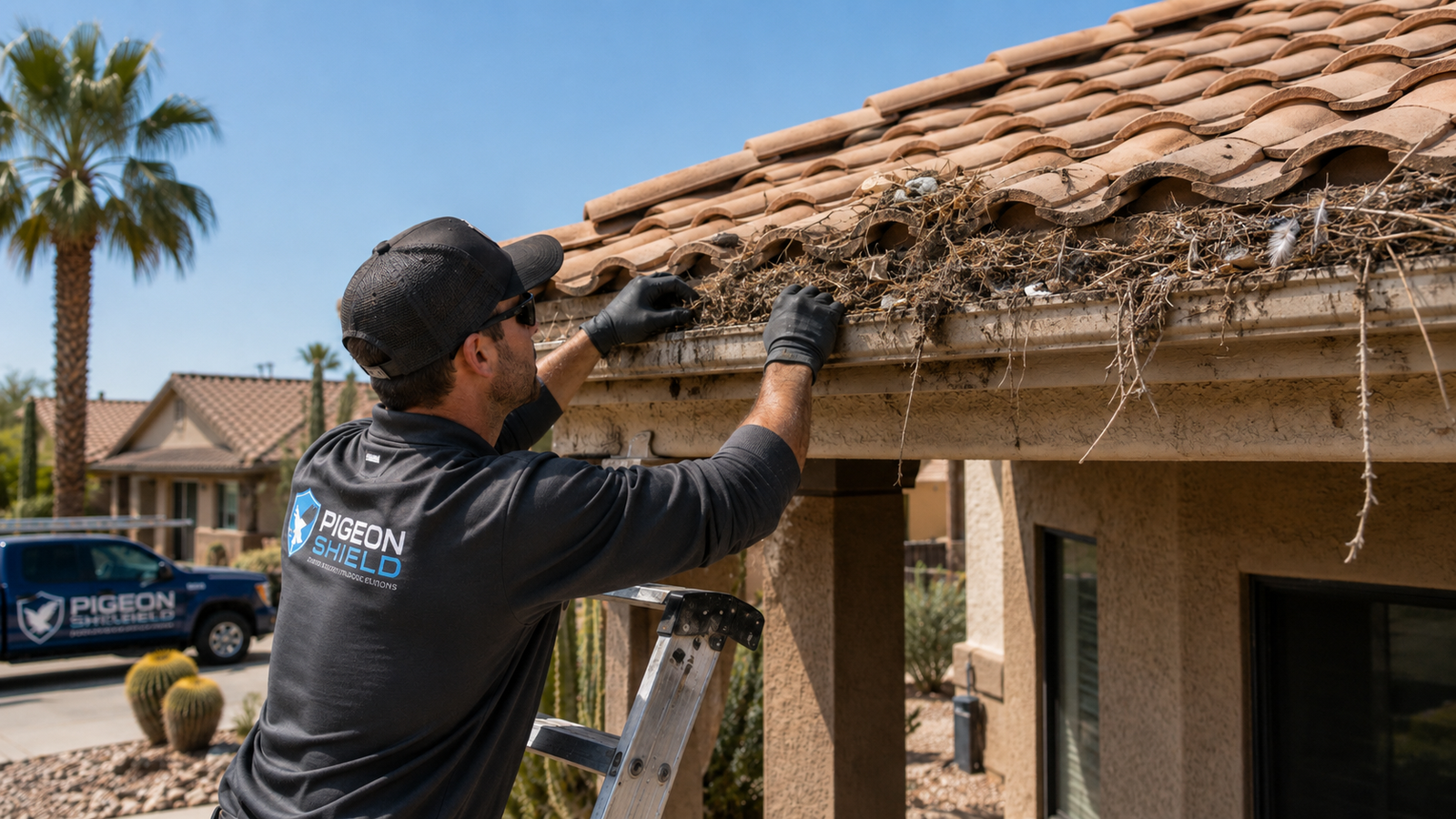 Before PigeonShield removes nest debris from an Arizona roofline
