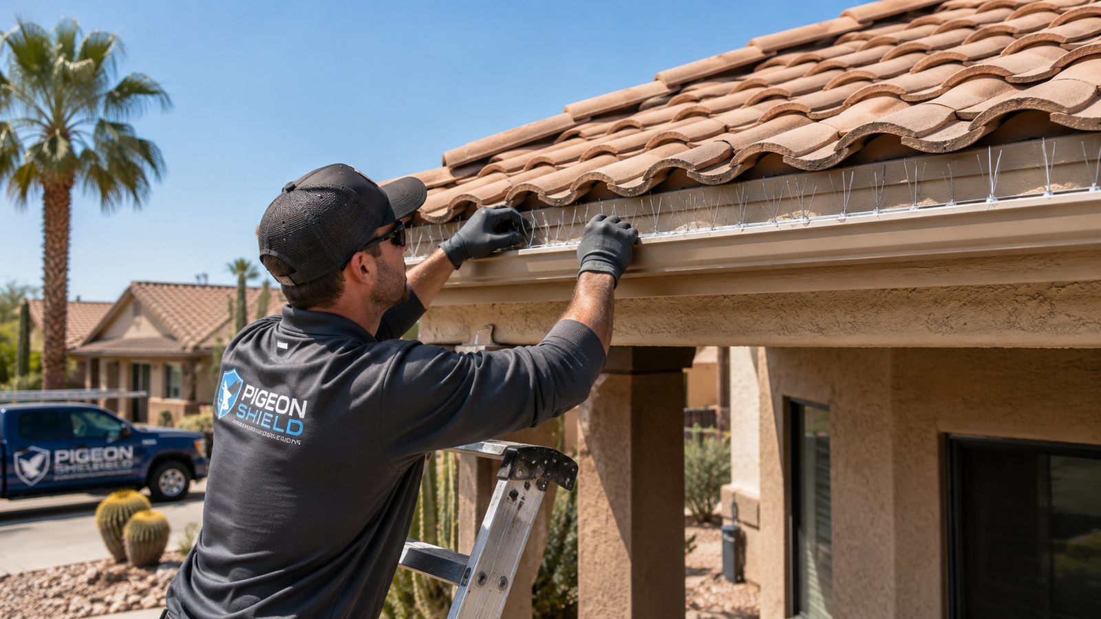 After bird spike installation on an Arizona roofline