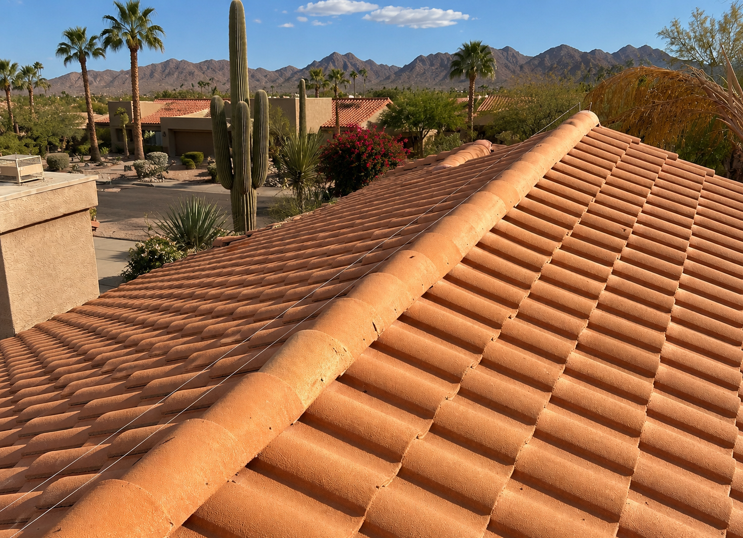 Roofline integration on an Arizona tile roof with desert mountains beyond